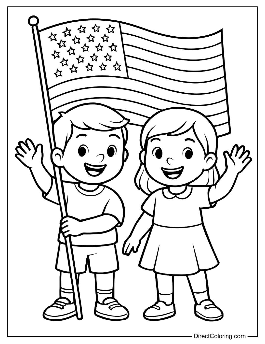 a coloring page of two children holding a large American flag, waving.